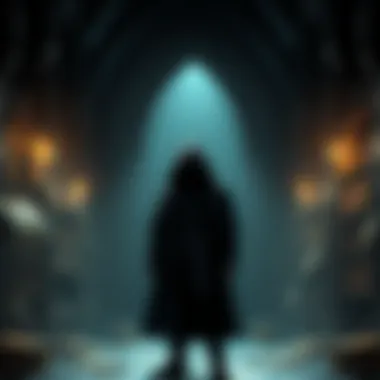 A mysterious figure standing alone in a dimly lit room filled with books and scrolls, looking contemplative as if searching for answers about his fate.