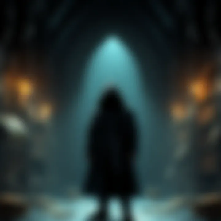 A mysterious figure standing alone in a dimly lit room filled with books and scrolls, looking contemplative as if searching for answers about his fate.