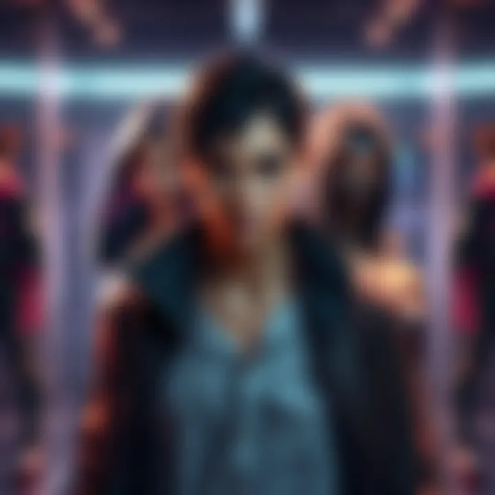 A male character transforming into a female character in a video game setting, showcasing different outfits and styles.