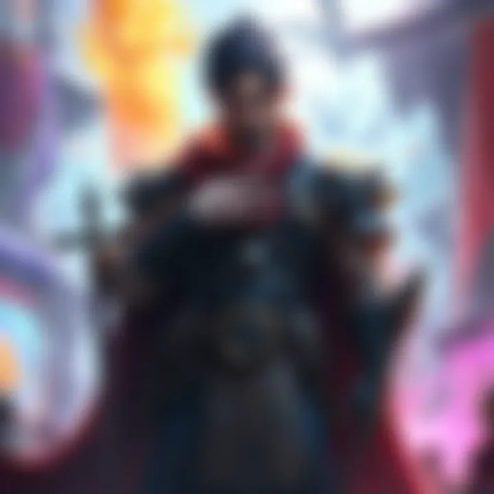 A character in a fantasy game leveling up, showcasing new skills and abilities, surrounded by a colorful environment