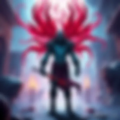 A character from the game Hades standing in a vibrant underworld setting with various colors and details, showcasing the game's art style.