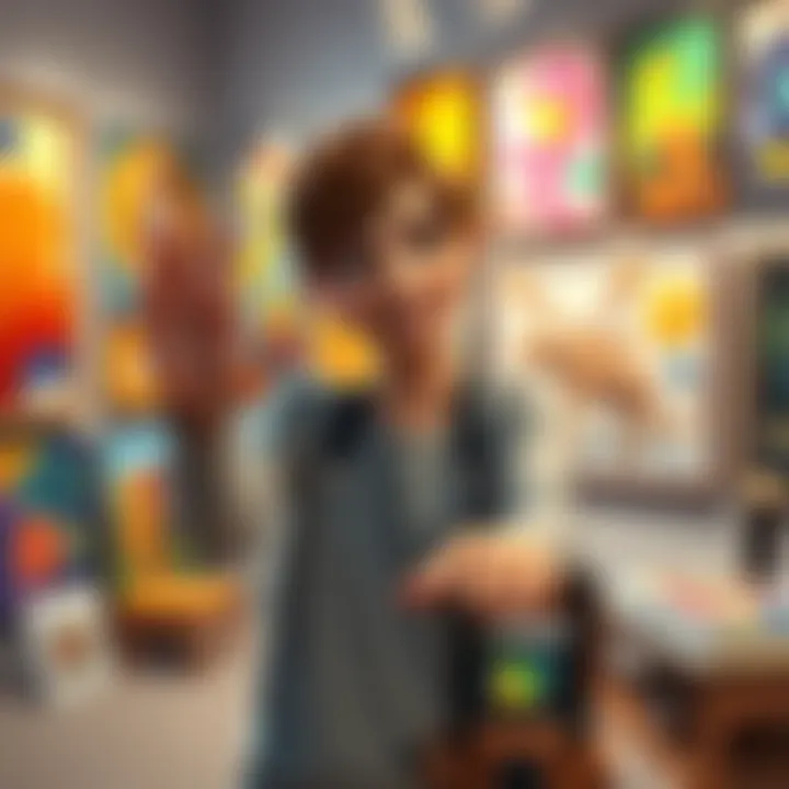 An artist character demonstrating unique hand movements while surrounded by colorful art pieces, showcasing a connection to modern artistic expression.