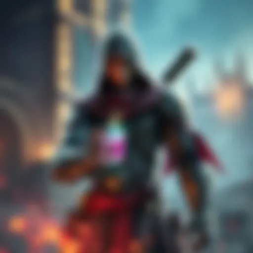 A game character in a medieval setting displaying a glowing slash resist potion in their hand, surrounded by magical elements