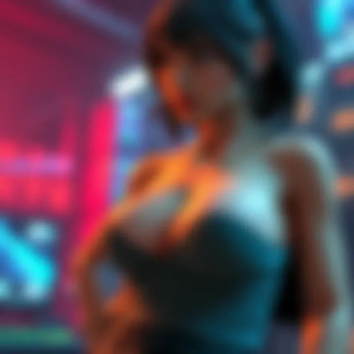 Female character with animated breasts in a game scene, distracted by her movements while cutscene dialogue fades into the background.