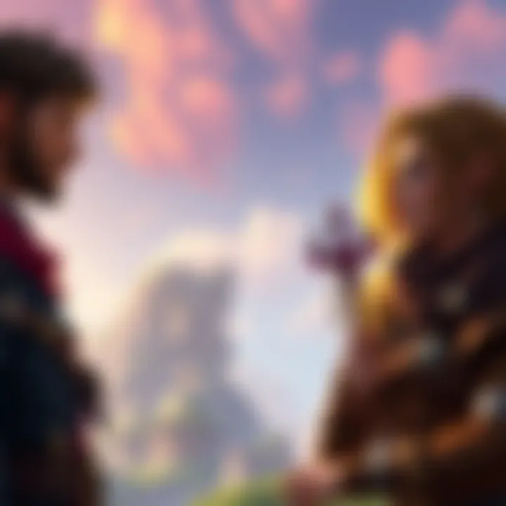 Two characters engaging in a meaningful conversation, with expressions showing intrigue and interest, set against a backdrop of a vivid fantasy landscape.
