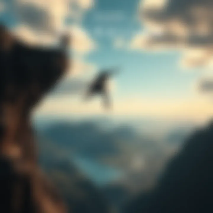 A character in Assassin's Creed Valhalla jumping off a high cliff, preparing for a leap of faith into the ground below, surrounded by scenic views of Rygjafylke.