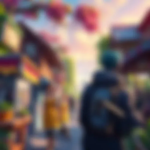 A vibrant scene showing a gamer customizing their character and exploring a lively town with shops and nature.
