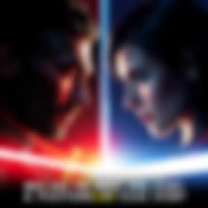 Two popular characters face off, highlighting their lore and stories in a split design.