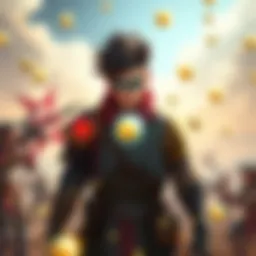 A character on a battlefield with zero health, surrounded by healing orbs and strategizing with recuperation mods, illustrating the importance of health stats in gameplay
