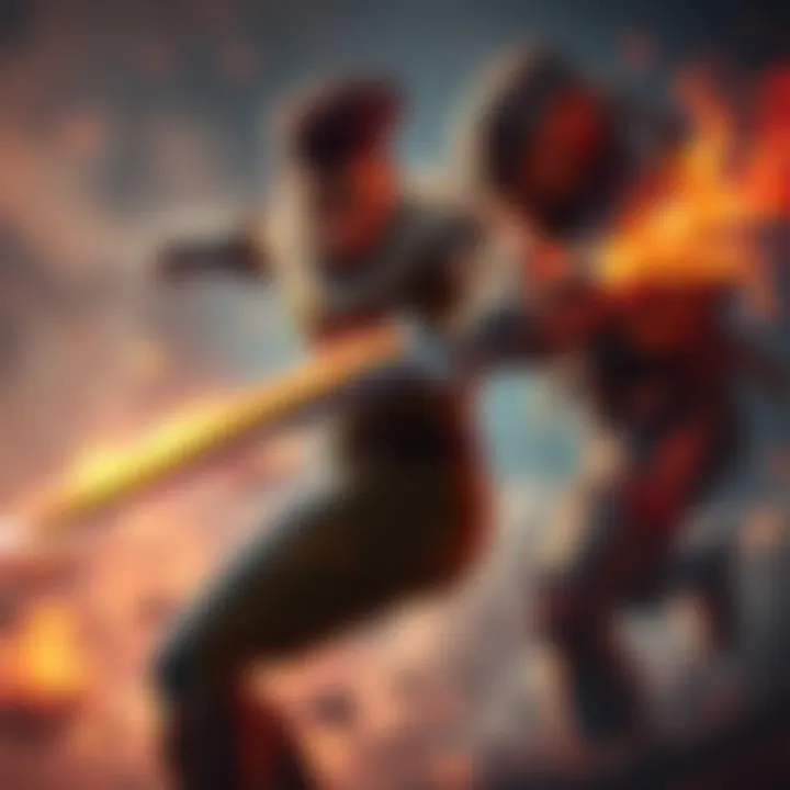 A character engaged in intense melee combat with an enemy, showcasing dynamic movement and action