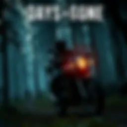 Character on motorcycle in forest A character riding a motorcycle through a dense forest in Days Gone, showcasing the challenges of survival mode.