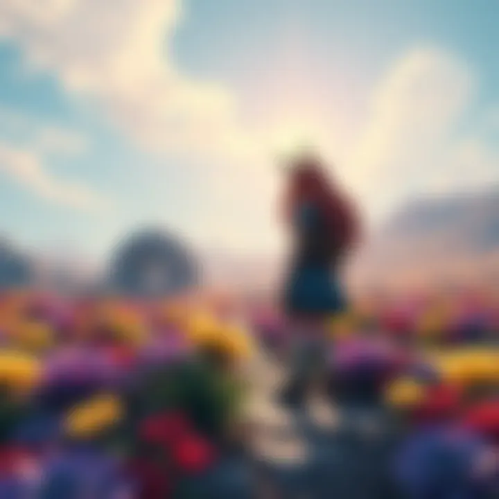 A nostalgic character from Elpis stands in a vibrant landscape filled with colorful plants and a bright sky, evoking memories of past adventures.