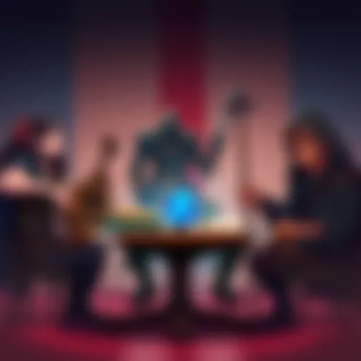 A human bard with a lute, a warforged wizard holding a staff, a human pugilist in a fighting stance, and a changeling rogue with a hood, gathered around a table discussing their roles in a game.