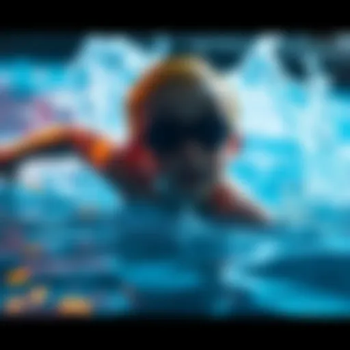 The character P attempting to swim in a game environment, showing splashes of water around him.