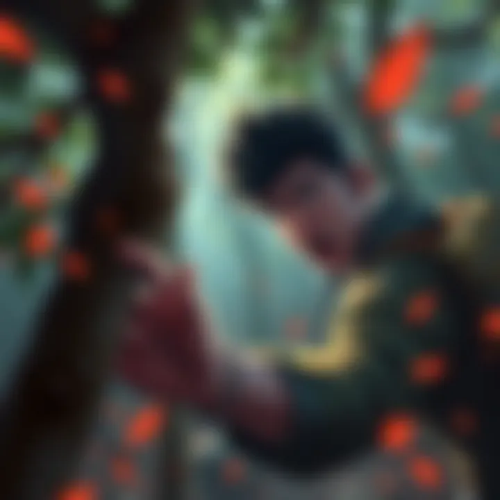 Character struggling with pathfinding A game character frantically trying to escape danger, navigating through trees with a confused look, while their health is low on the screen.