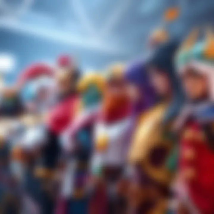 A group of colorful game characters lined up in order of their Prestige Levels, showcasing a range of styles and abilities for easier management.