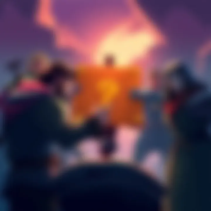 An illustration showing different game characters interacting with a quest marker, symbolizing quest progression and side paths in gameplay.