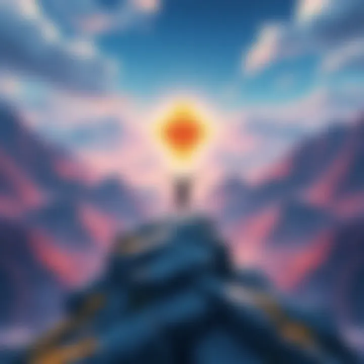 Character reaching Legend Level 60 A gaming character triumphantly standing on a mountain peak with a glowing emblem, representing Legend Level 60, surrounded by vibrant scenery from the game.