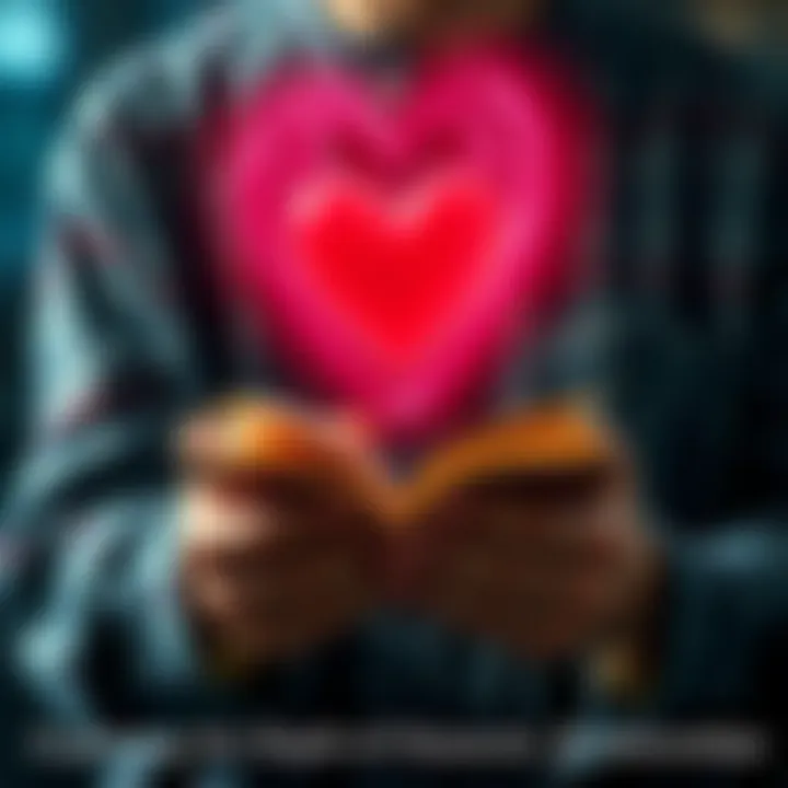 A person holding a book with a heart above it, symbolizing the bond between readers and fictional characters