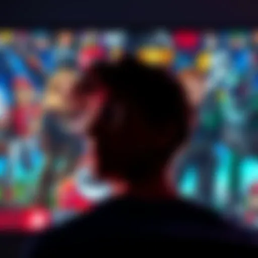 A person looking contemplative while surrounded by video game characters on a screen, illustrating their gaming choices and values.