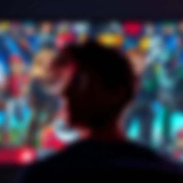 A person looking contemplative while surrounded by video game characters on a screen, illustrating their gaming choices and values.