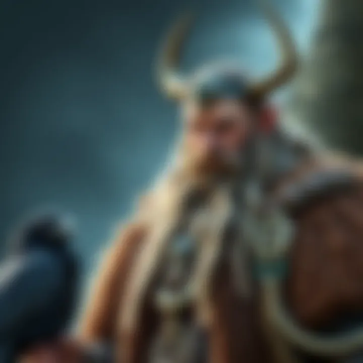 A character with a long beard and fur clothing, accompanied by a raven, suggesting a connection to Norse mythology