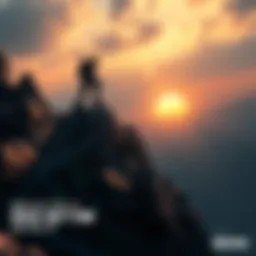 A video game character climbing from a rocky landscape towards a bright horizon, symbolizing growth and success