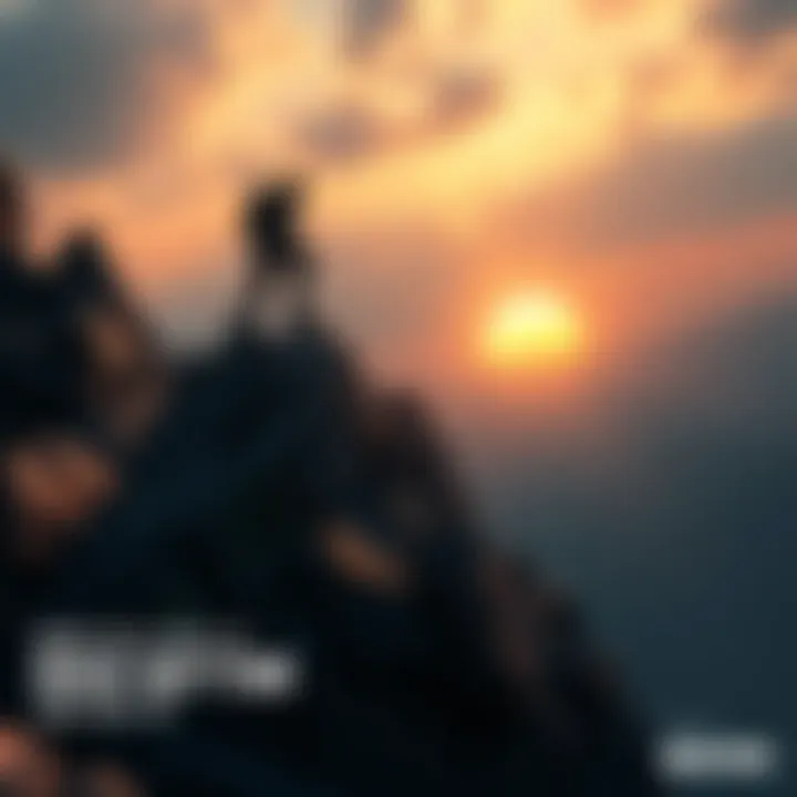 A video game character climbing from a rocky landscape towards a bright horizon, symbolizing growth and success
