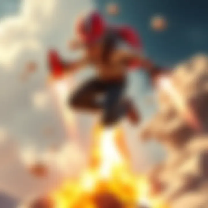 A video game character performing a rocket jump, showcasing an explosive leap with a bright explosion effect beneath them, highlighting the action of jumping with a rocket launcher.