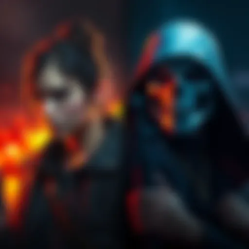 A concept art showing two characters, one a survivor and the other a killer, switching roles. The survivor appears cautious while the killer looks determined, symbolizing their new identities.