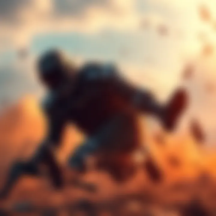 A gaming character successfully performing a roll maneuver to minimize damage from a fall