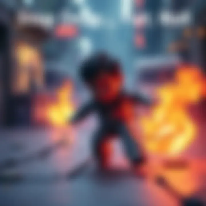 A game character rolling on the ground to extinguish flames in a virtual environment.