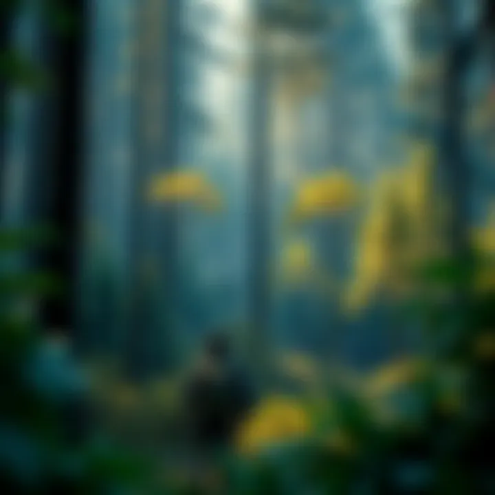 A game character looking for clues in a large forest area, surrounded by trees and underbrush.