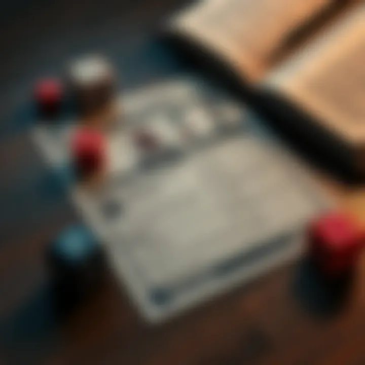 A detailed character sheet featuring a villain with stats, abilities, and background, lying on a tabletop among dice and a game book.