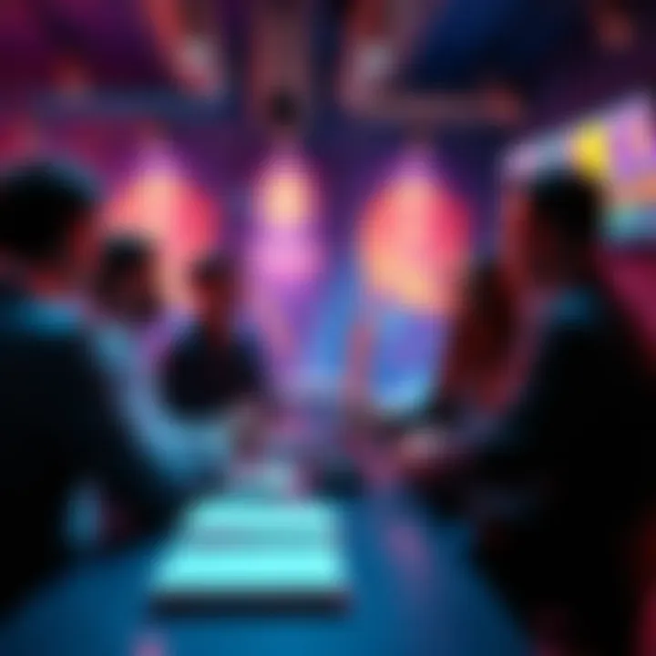 A group of people discussing character insights in a simulation setting, focusing on how these insights affect storytelling and audience engagement.