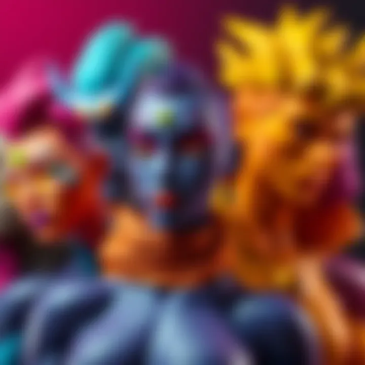 Different character skins displayed together showcasing various styles and colors