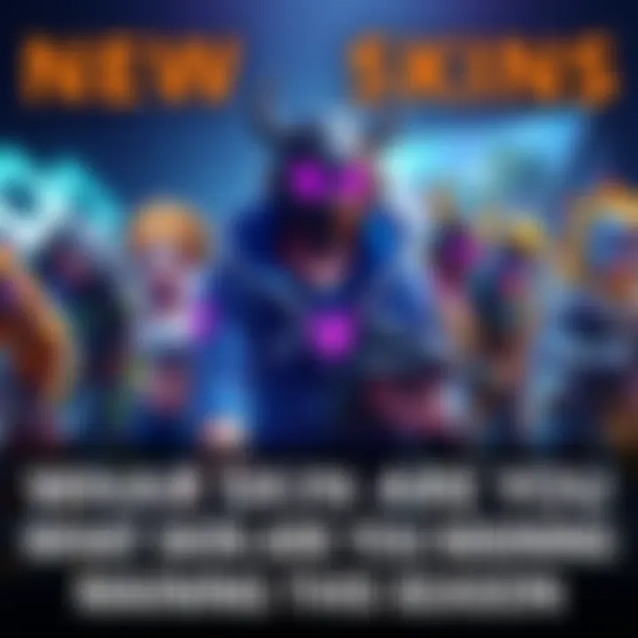 Character skins from the latest season A collection of various character skins showcasing vibrant designs and styles popular this season, representing different gameplay choices, with players interacting in a gaming environment.