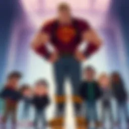 A character has increased in height, towering over other characters, showing a mix of confidence and surprise in their posture