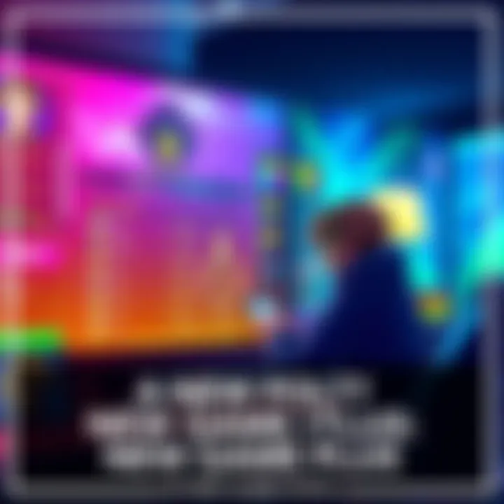 A colorful game scene showing a character reviewing stats and levels on a screen, contemplating a new playthrough.