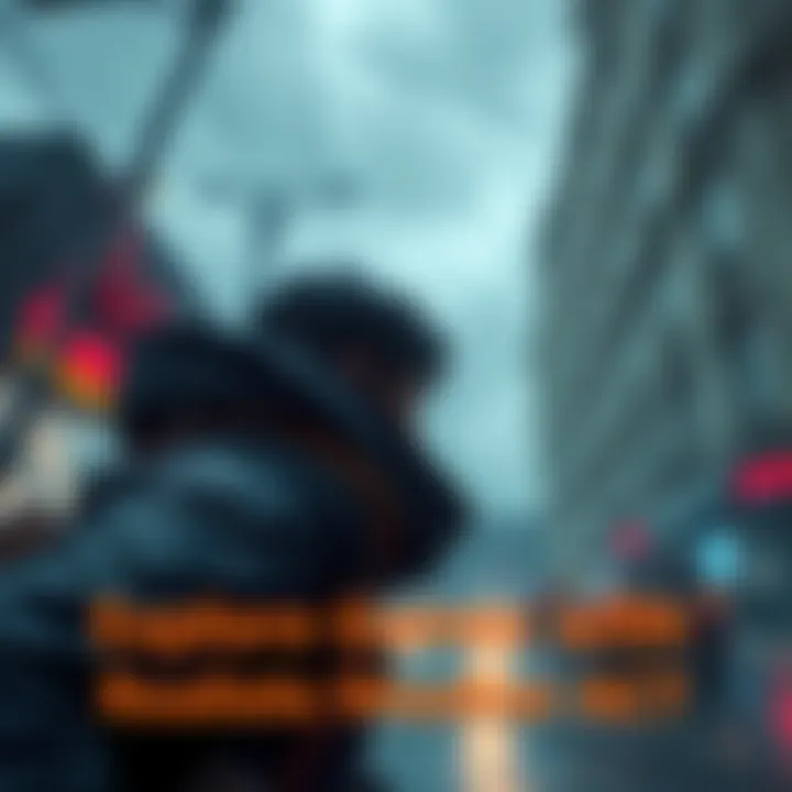 A character struggles against heavy rain and wind in a virtual environment, showcasing realistic weather effects in a game.