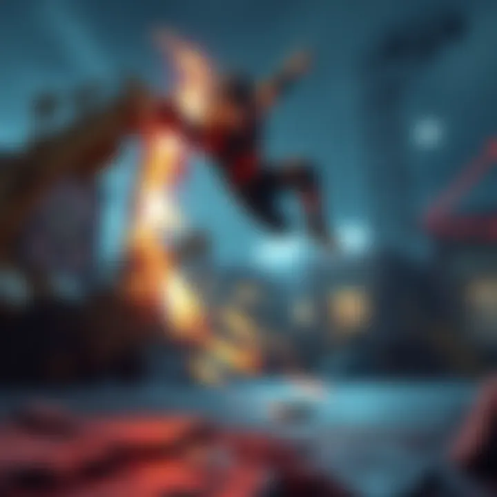 A video game character executing an unusual leap with dynamic movement effects