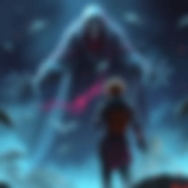 Character receiving support A character in a game receiving unseen help from a mysterious entity, with a surreal and immersive background