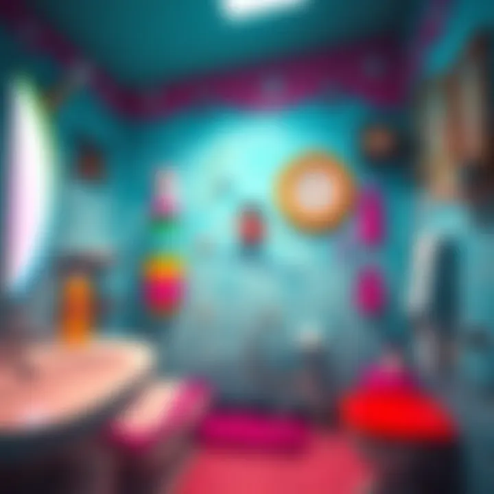 A small character riding a toothbrush like a surfboard in a colorful bathroom, surrounded by quirky objects.