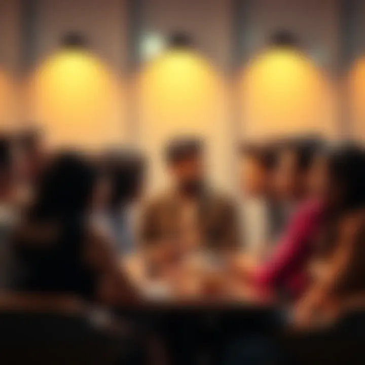 A diverse group of people engaging in a lively conversation about positive and negative character traits.