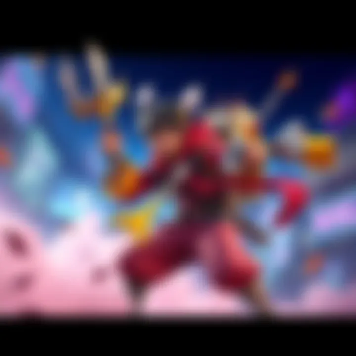 Character using a fun weapon A character in a colorful outfit joyfully swings a quirky weapon while holding various items in the other hand, showcasing a blend of combat and humor.