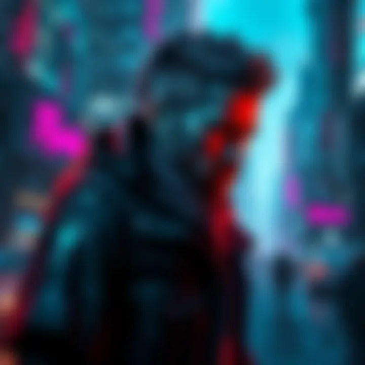 The character V looking conflicted in a futuristic cityscape, with side quests and urgent missions displayed on a screen.