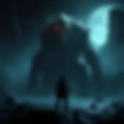 Character facing a giant boss in a dark environment A character prepares to battle a giant monster in a dark, atmospheric setting typical of soulslike games.