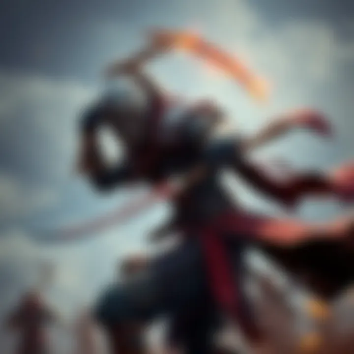 A fierce warrior swinging a scythe in an action pose, ready for battle in a fantasy setting.