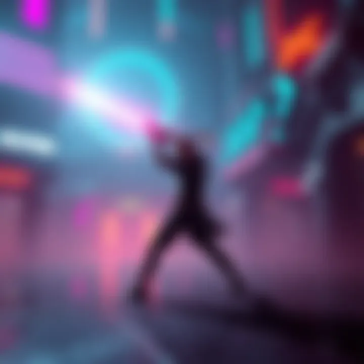 A lone character in a futuristic synthpunk setting, skillfully using a glowing sonic sword in an action pose.