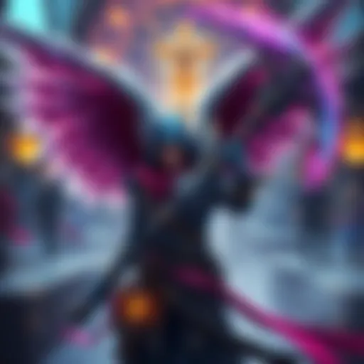 A gamer character holding a winged scythe, showcasing their magic build in a fantasy game setting